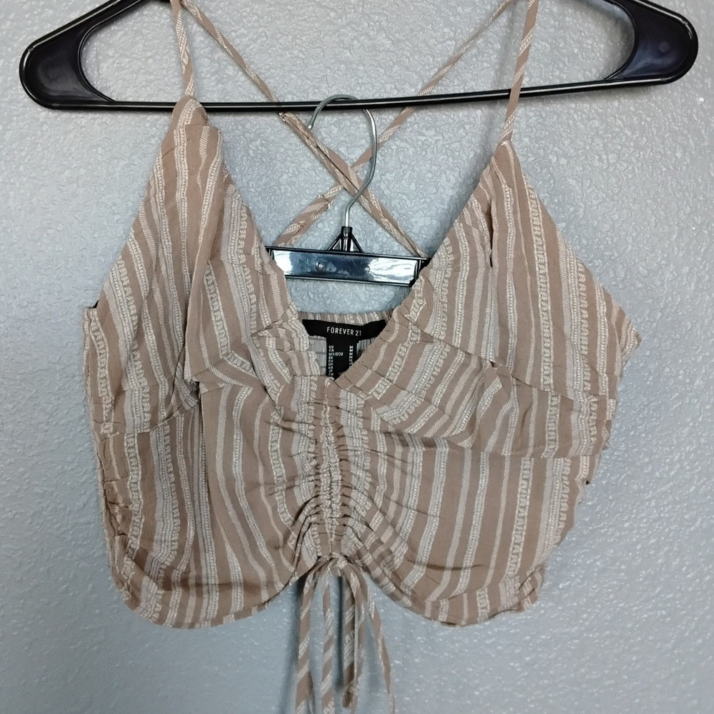 Forever 21 Tan White Striped Ruched Front Smocked Back Crop Top Cami Medium